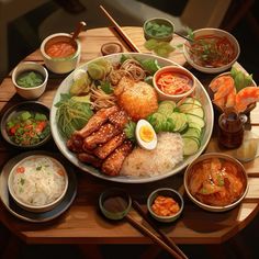 a table topped with lots of food and chopsticks on top of each other