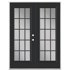 a black double door with glass panels