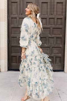 cream floral long sleeve maxi dress Cute Modest Outfits, Cream Base, Full Length Gowns, Blue Floral Print, Layer Dress, The Cream, Types Of Dresses, Mother Of The Bride Dresses, Modest Outfits