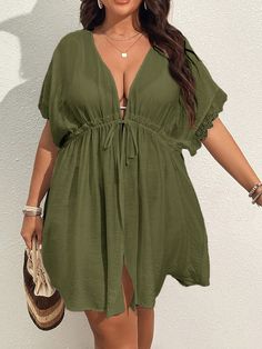 Army Green  Collar Half Sleeve Woven Fabric Plain  Embellished Non-Stretch Summer Women Plus Clothing Summer Beach Outfit Plus Size, Plus Size Kimono, Beach Kimono, Womens Tankini, Summer Beach Outfit, Green Swimsuit, Latest African Fashion Dresses, Plus Size Swimsuits