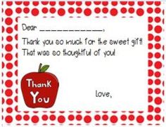 a thank card with an apple and polka dot pattern on the border, in red