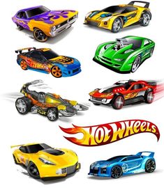 six different types of hot wheels cars are shown in this image, each with the same color