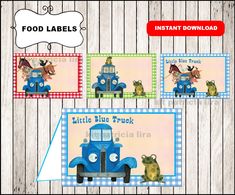 food labels for little blue truck with frog on the front and toad on the back