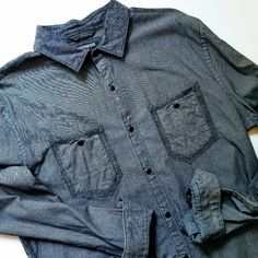 Express Men's Size Large Two-Tone Chambray Pinstripe Snap Button Up Collar Long Sleeve Shirt Nwot - Never Worn - Perfect Condition Two-Tone Verticle Pinstriped Chambray Pattern, Two Pockets With Snap Closure On Each Side Of The Chest, 2 Spare Buttons, Slightly Rounded Bottom Hemline, V-Neckline 100% Cotton - Lightweight + Perfect For The Summer Months Measurements (Flat Lay): S-To-S-19" Chest-23" Arm Length-27" Length-30" Questions + Offers Welcome - Thank You For Visiting My Closet!! 30 Questions, Express Men, Summer Months, Collar Shirt, Collar Shirts, Snap Button, Chambray, Flat Lay, Snap Closure