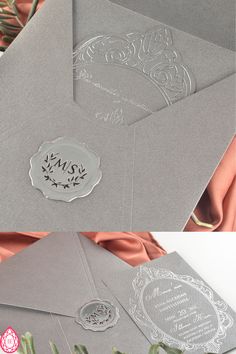 two pictures of the inside of an envelope with stamps on it and some flowers in the background