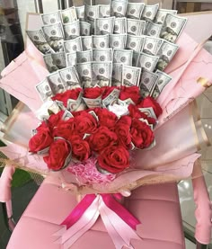 Red roses money bouquet wrapped in pink and red theme for birthday. Flowers Wrapped In Money, Graduation Money Bouquet, Flower Money, Wrapping Money, Purple Flower Bouquet, Bouquet Birthday, Money Flowers