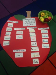 an apple cut out with words on it next to a bowl of fruit