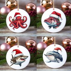 four christmas ornaments with different pictures of animals on them and one is wearing a santa hat