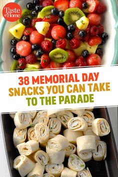 a plate with fruit and rolls on it next to the words 38 memorial day snacks you can take to the parade