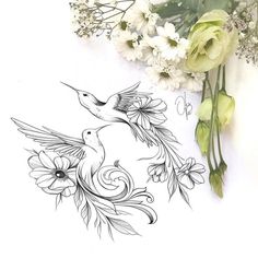 a drawing of two hummingbirds with flowers on the side and one bird in the middle