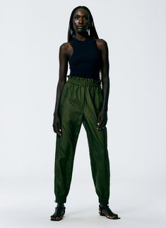 Crispy Nylon Paper Bag Felix Jogger – Tibi Official Clothing Staples, Nylon Pants, Spring 2017, Grocery Store, Crop Tank, Fashion Advice, Green And Brown, Army Green, Pant Jumpsuit