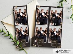 two black and gold photo booth cards for nye new year's eve