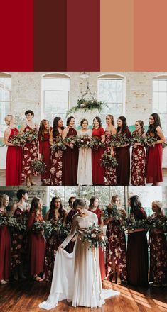 a group of women standing next to each other in front of a red and green color scheme