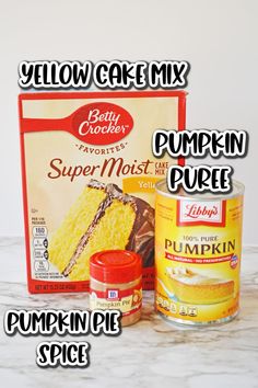 yellow cake mix and pumpkin puree are on the counter