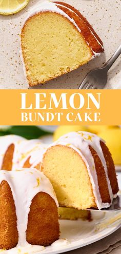 a lemon bundt cake on a plate with a slice taken out and the rest of the bundt cake in the background