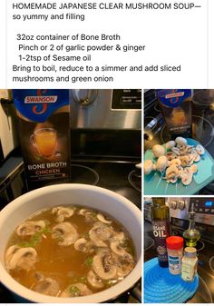 the ingredients for this mushroom soup are shown in pictures above and below, along with instructions to make it