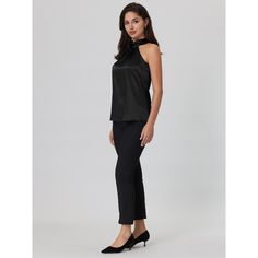 Keep your look professional and stylish in this satin top from Hobemty. This satin top can be a perfect addition to almost any outfit from formal to daily wear, great for work, meetings, office, work, casual, daily dressing, etc. Pair it with pencil skirts or suit pants for an elegant office look. Comfortable and versatile, this satin top is perfect on its own or as a layer under a blazer. Sleek Sleeveless Blouse For Work, Sleeveless Satin Blouse For Evening, Elegant Sleeveless Tops For Business Casual, Chic Satin Tops For Office Wear, Elegant Sleeveless Satin Blouse, Elegant Satin Tops For Office Wear, Elegant Satin Sleeveless Blouse, Sleek Sleeveless Blouse For Night Out, Sleeveless Satin Blouse For Formal Occasions