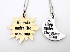 "This beautiful matching set makes a perfect Gift for your Long Distance Love. Give it as a going away gift, or just to remind that other person that when you are far apart, you're still Under the Same Moon and Under the same sun. A Special Note to those in Long Distance Relationships: I understand the unique difficulties those in an LDR face (been there). We make what we make to help you guys feel connected. I know how important it is to feel close to your other half when you cannot be together Celestial Sun And Moon, Under The Same Moon, Distance Love, Celestial Sun, Relationship Lessons, Long Distance Love, Distance Gifts, Steel Stamp, Best Friend Jewelry