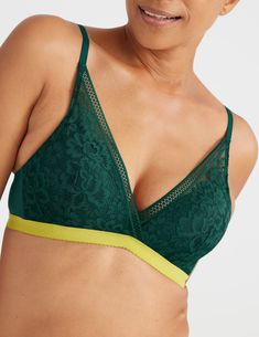 Knix Lace Deep-V Bralette in Emerald Petite Lingerie, 2024 Clothes, Deep V Bra, Wireless Bras, Plunge Bra, Pink Bra, Green Lace, Lace Bralette, Lace Bra