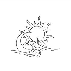 a black and white line drawing of the sun on top of a wave in the ocean