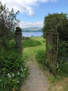 an open gate leading to a lush green field with flowers and plants on either side