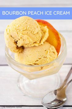 two scoops of bourbon peach ice cream in a glass bowl