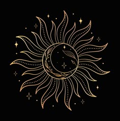 the sun and moon with stars on a black background