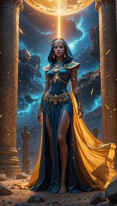 a woman dressed as an egyptian queen standing in front of two pillars with the moon behind her