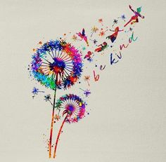 the dandelion has been drawn with watercolors and is being blown by the wind