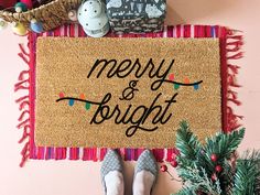 Merry & Bright Colorful Christmas Door Mat, Christmas Doormat, Winter Welcome Mat, Holiday Doormat, Winter Decor, Christmas Gift Front Porch Decorating Ideas, Porch Decorating Ideas, Patio Inspiration, Front Porch Decorating, Coir Doormat, Personalized Door Mats, New Homeowner, Holiday Lights, Front Door Decor