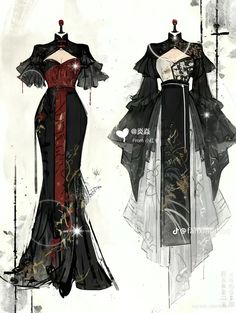 an image of two dresses on display in front of a white background with black and red accents