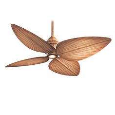 a ceiling fan with three wooden blades on it's blades and the words wwcc