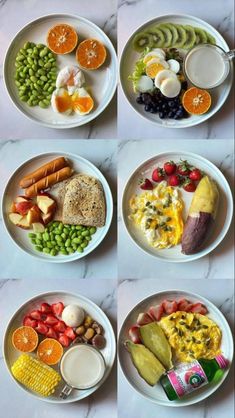 four plates with different types of food in them on a marble table top, each containing eggs, fruit, and vegetables