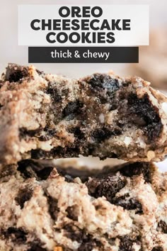 oreo cheesecake cookies stacked on top of each other with the title overlay