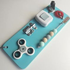 a blue tray with various items on it