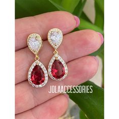 Made to order! Fast shipping! Classic ruby red gold bridal dangle earrings have a modern  vintage style, featuring a lovely drop design.  It's approx 3cm or 1,25 inches long. Thank you for your custom! Elegant Bridal Dangle Earrings For Valentine's Day, Wedding Ruby Earrings With Halo Design, Elegant Ruby Bridal Earrings For Wedding, Ruby Earrings With Halo Design For Wedding, Ruby Halo Earrings For Wedding, Ruby Halo Design Earrings For Wedding, Red Halo Design Earrings For Wedding, Red Pear-shaped Wedding Earrings, Elegant Red Bridal Earrings For Anniversary