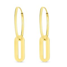 14K Yellow Gold Polished Paperclip Dangle Hoop Earrings This endless hoop design features an elongated link, and offers a simple take on modern fine jewelry.      Approx. 11/16"L x 1/16"W (hoop); 1-7/32"L      Stamped 14K; yellow gold; 1.0 gram     Pierced Minimalist Yellow Gold Earrings With Rectangular Links, Modern Yellow Gold Link Earrings, Modern Yellow Gold Earrings With Hooks And Links, Modern Link Earrings With Hooks, Modern 14k Gold Dangle Hoop Earrings, Modern Yellow Gold Oval Link Hoop Earrings, Modern Yellow Gold Paperclip Jewelry, Modern Dangle Earrings With Hook And Links, Modern Clip-on Dangle Hoop Earrings