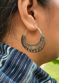 Ethnic lightweight hoop earrings. Pre-Columbian inspired jewelry handmade from Sterling Silver. Gift for her. Designed and handmade with passion at our island home. The perfect accompaniment to your alternative lifestyle or as a truly unique gift for her. FREE SHIPPING- FREE BATIK GIFT BOX Handmade especially for the bold, earthy woman of the world, each piece is as unique as the wearer. Variations may occur due to the organic nature of natural materials and handcrafted elements. Your purchase from e-bu jewelry supports traditional artisans and ecologically sustainable practices. Each order comes complete with a hand-crafted gift box created with vintage batik textiles. Thank you, ebu Jewelry https://www.etsy.com/shop/ebujewelry? Festive Handmade Brass Hoop Earrings, Handmade Traditional Hoop Earrings For Festivals, Traditional Handmade Hoop Earrings For Festivals, Bohemian Crescent Jewelry Oxidized Finish, Bohemian Crescent Jewelry With Oxidized Finish, Handmade Crescent Bohemian Earrings, Handmade Metal Hoop Earrings For Festivals, Artisan Small Hoop Earrings For Festivals, Artisan Hoop Earrings With Oxidized Finish For Festival