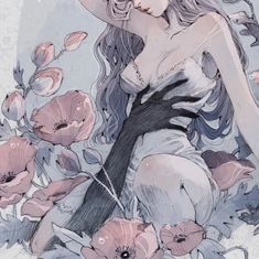 a drawing of a woman with long hair and flowers in her hands, sitting on the ground