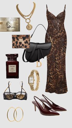 a woman's outfit and accessories including shoes, purses, bracelets, watch