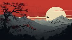 the sun is setting over some mountains with trees and birds flying in front of it