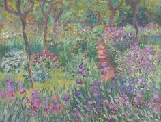 a painting of flowers and trees in a garden