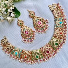 sleek navratna set Navratna Jewellery, 22k Gold Jewelry Necklaces, Ship Necklace, 22k Gold Jewelry, Silver Necklace Set, Pearl Necklace Set, Necklace Sets, Gold Jewelry Necklace, Emerald Necklace