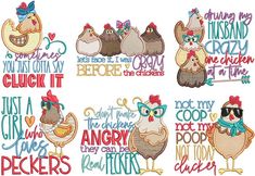 four chickens with different sayings on the front and back of each one, all in different colors