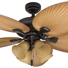 a ceiling fan with three large wooden blades