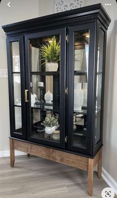 a black china cabinet with glass doors and plants in the top shelf, sitting on a hardwood floor