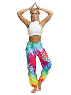 Sku CY-!86543 Material Polyester Style Loose Feature Tie-dyed , Elastics , Multi-Colored Occasion Going out , Bohemia , Sports Seasons Summer Type Yoga Bottoms , Pants Color MULTICOLOR Size FREE SIZE Please consult the size chart we provide for this item's measurements to help you decide which size to buy.Please note: There may be 1-3cm differ due to manual measurement.CMINCH Waist Hips Crotch Thigh Leg Opening Length FREE SIZE 58-102 112-132 35 68 23-50 102 Casual Harem Pants For Yoga In Spring, Casual Spring Harem Pants For Yoga, Casual Summer Sweatpants For Yoga, Casual Summer Yoga Sweatpants, Casual Stretch Yoga Pants For Summer, Casual Summer Stretch Yoga Pants, Stretch Multicolor Wide Leg Harem Pants, Comfortable Full Length Sweatpants For Summer, Comfortable Full-length Summer Sweatpants