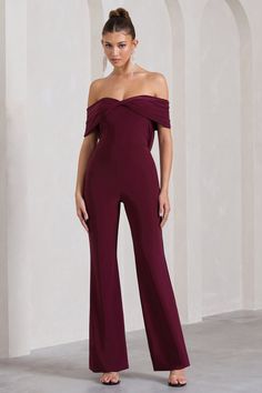 Gemma Burgundy Bardot Open-Back Flared-Leg Jumpsuit – Club L London - USA Jumpsuit Design, Midi Bridesmaid Dress, Club L London, Bardot Neckline, Black Dress Prom, Black Tie Gala, Strappy Stilettos, Rich Burgundy, Designer Jumpsuits