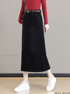 Bellamilton - Vintage High-Waisted Denim Midi Skirt with Plush Lining, Lower Body Coverage, Thigh-high Side Slits, and Form-fitting Appeal Fall High Waist Denim Skirt, Casual Full-length Stretch Denim Skirt, Straight Leg Stretch Skirt With Pockets, High-waisted Denim Skirt, Solid High-waist Denim Skirt, High Waist Solid Denim Skirt, High Waisted Denim Skirt, Vintage Corduroy, Skirts Midi High Waisted