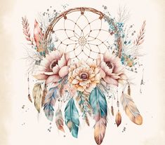 a watercolor dream catcher with feathers and flowers